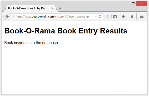 Book-O-Rama - Book entry results window is displayed. The window reads Book-O-Rama - Book entry results Book inserted into the database.