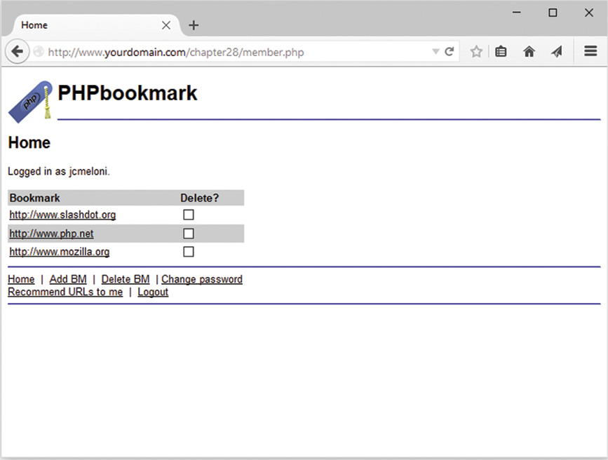 The PHP bookmark Home window is displayed.