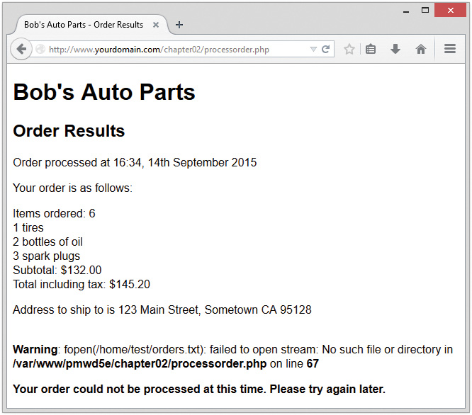 Web page displays Bob's auto parts - order results.