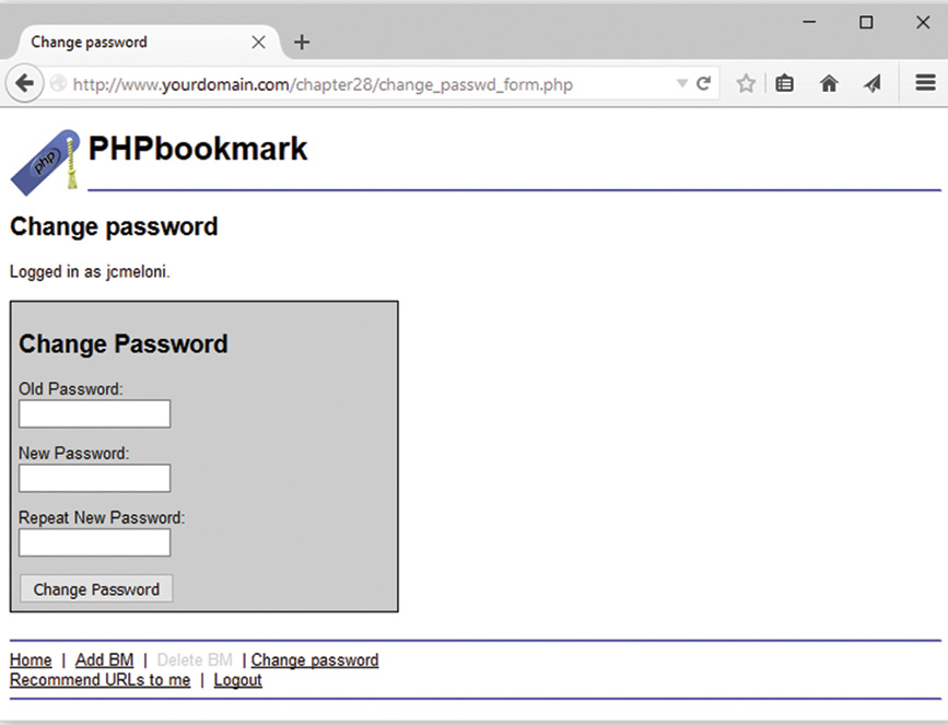 The PHP bookmark change password window is displayed.