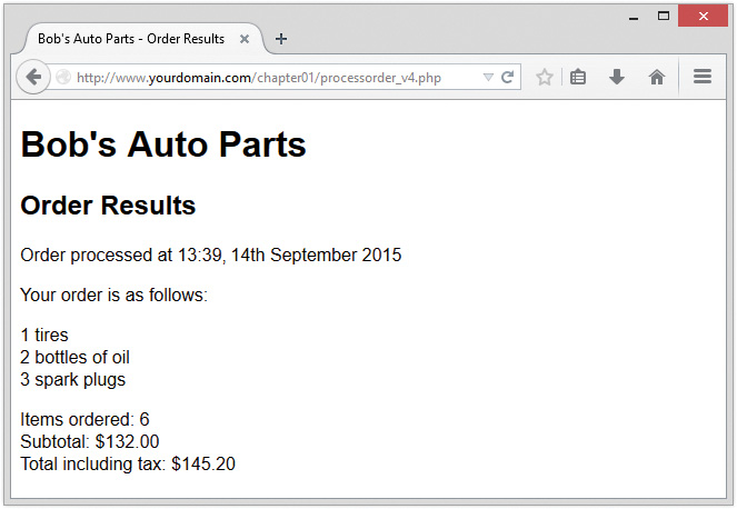 Web page displays Bob's auto parts - order results.