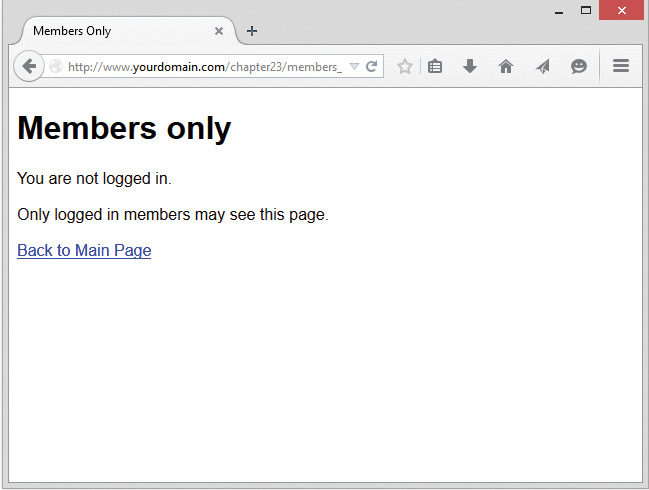 Screenshot shows the Members only page. Text that reads You are not logged in. Only logged in members may see this page is displayed along with Back to main page link.