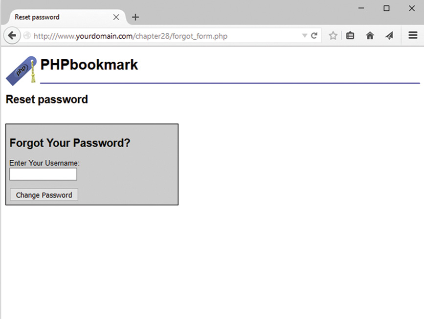 The PHP bookmark reset password window is displayed.