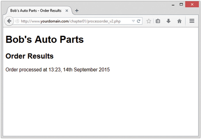 Web page displays Bob's auto parts - order results. Text on the web page reads Bob's auto parts order results order processed at 13:23, 14th September 2015.