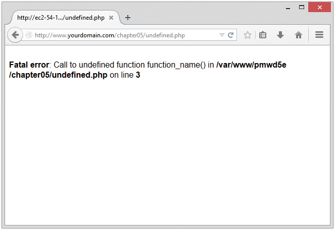 Screenshot shows a web page. An error message that reads Fatal error: Call to undefined function function_name() in /v/www/pmwd5e/chapter05/underfined.php on line 3 is displayed.