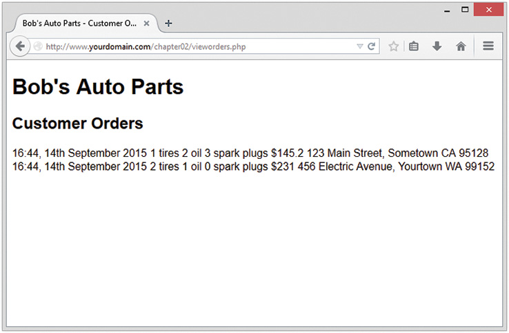 Web page displays Bob's auto parts - customer orders.