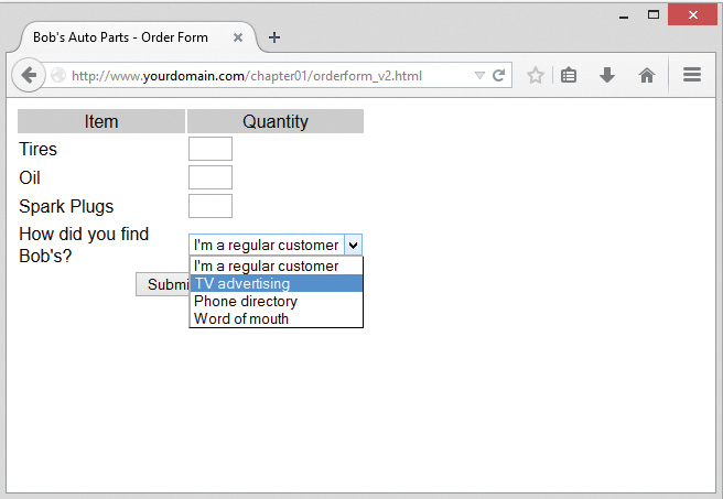 Web page displays Bob's auto parts - order form. Items along with its quantity are listed. A drop-down list is placed beside the question, How did you find Bob's? TV advertising is selected from the list.