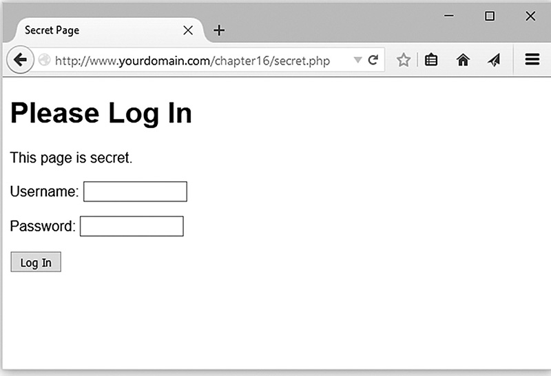 A screenshot shows a web page titled Please log in. A text reading This page is secret, Username field, and Password field, along with Log In button is displayed.