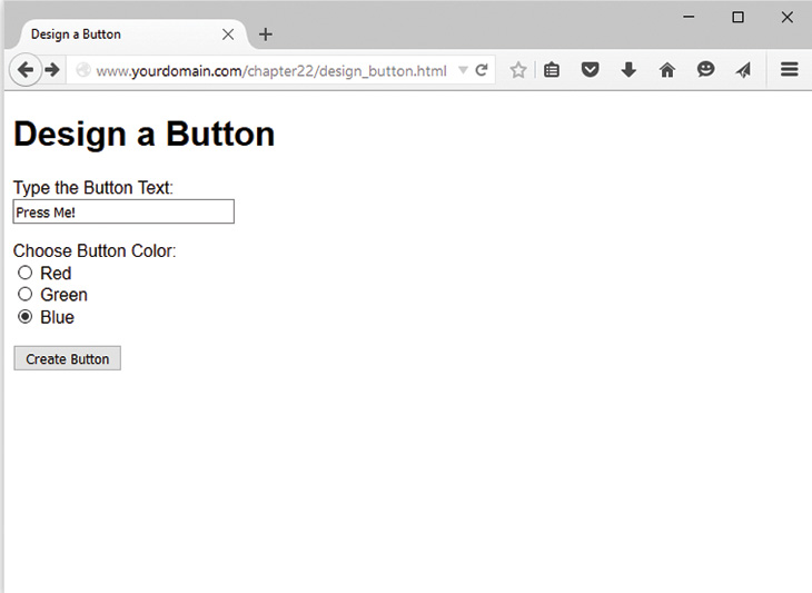 Design a button window is displayed. The window is titled Designed a button. It shows Type the button text field with Press me! entered, Choose button colors with three colors and radio buttons, and create button switch.