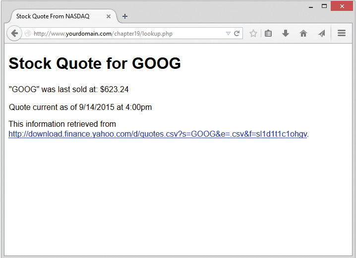 Screenshot shows the "stock quote from NASDAQ" window. The window is titled Stock quote for GOG. The time of sale and the price of the stock along with a link to retrieve the information is displayed in the window.