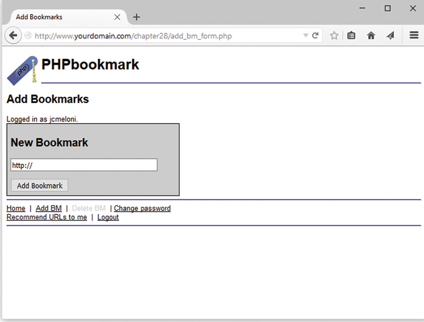 The PHP bookmark Add bookmarks window is displayed.