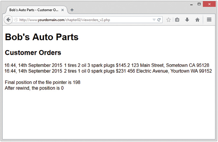 Web page displays Bob's auto parts - customer orders.