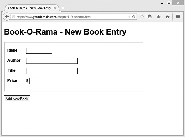 Book-O-Rama - New book entry window is displayed. The window shows the following fields: ISBN, Author, Title, Price" along with Add new book button.