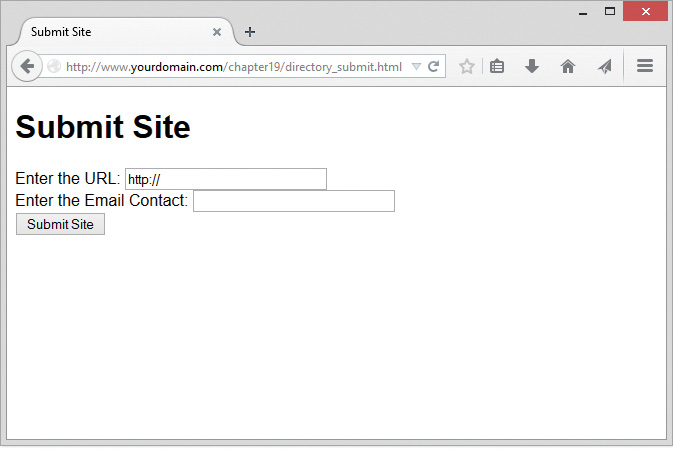 Screenshot shows the Submit site window The window displays Enter the URL field and Enter the email contact field along with the Submit site button.