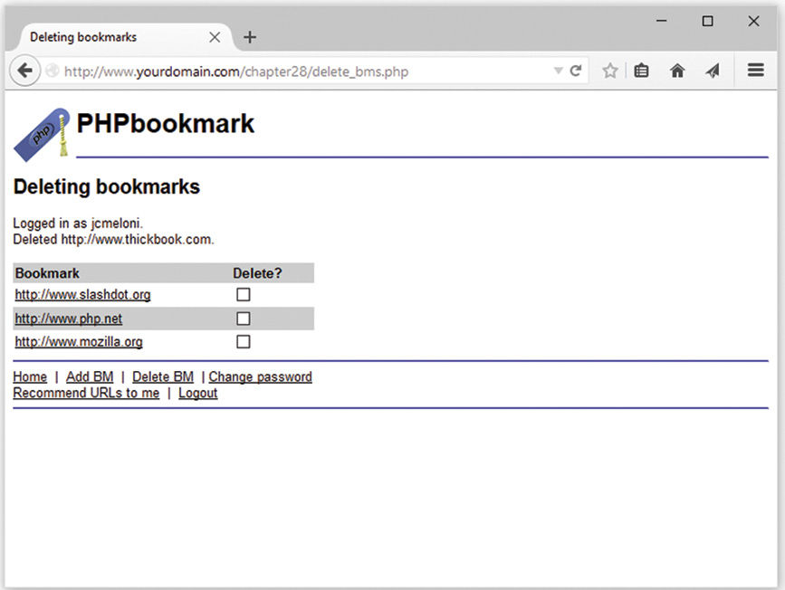 The PHP bookmark Deleting bookmarks window is displayed.