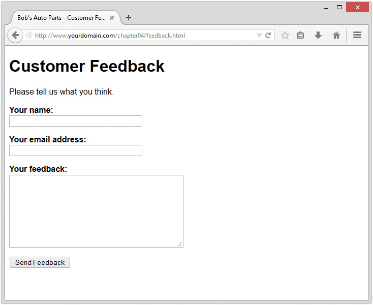 Screenshot of Bob's auto parts- customer feedback. The customer feedback form shows your name field, your email address field, your feedback box, and send feedback button.