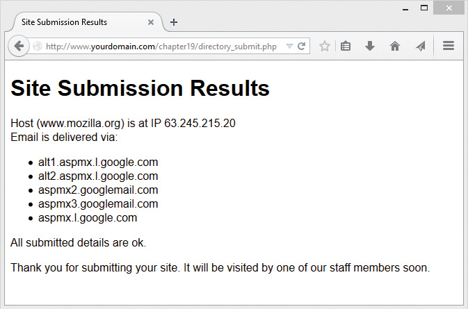 Screenshot shows the Site submission results window.