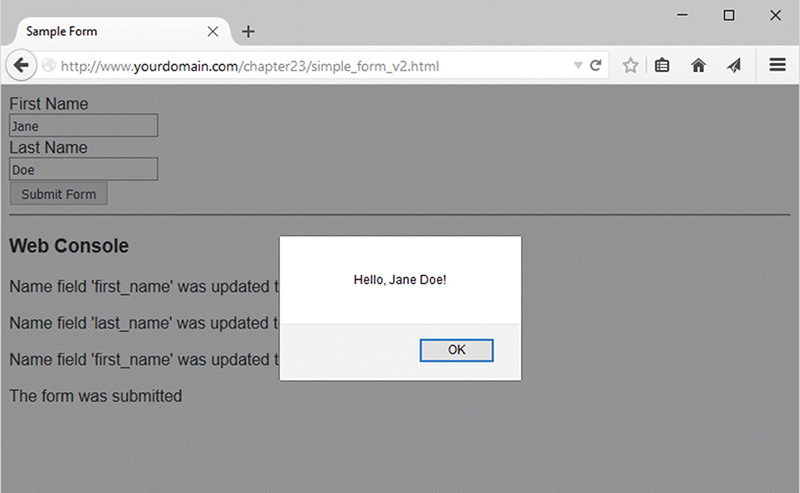 Screenshot shows the Sample form. a dialog box that reads Hello, Jane Doe! with OK button overlaps the sample form.