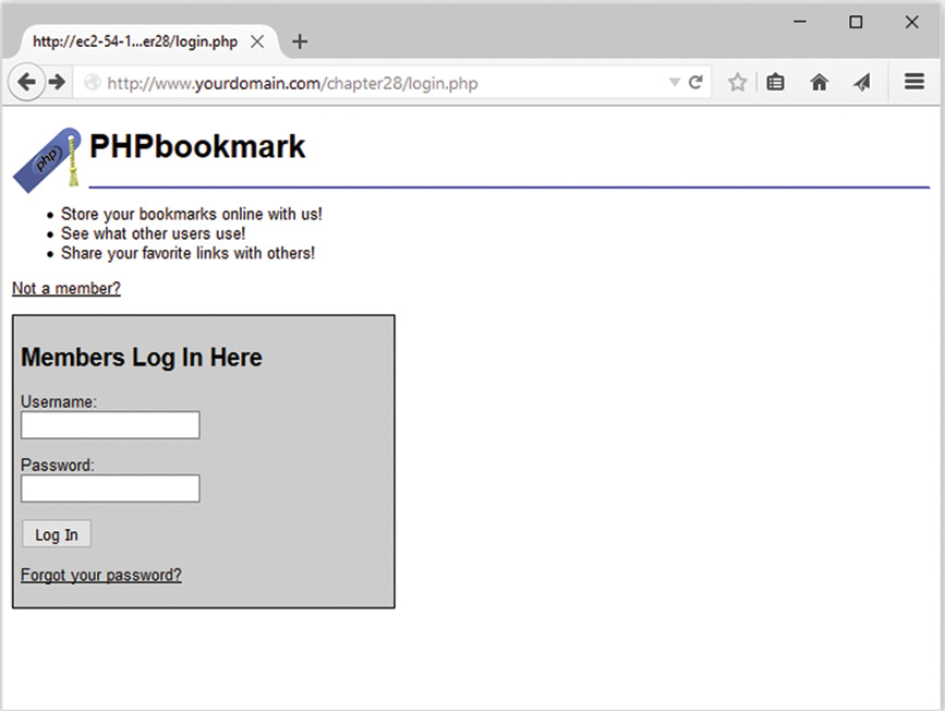 The PHP bookmark window is displayed.