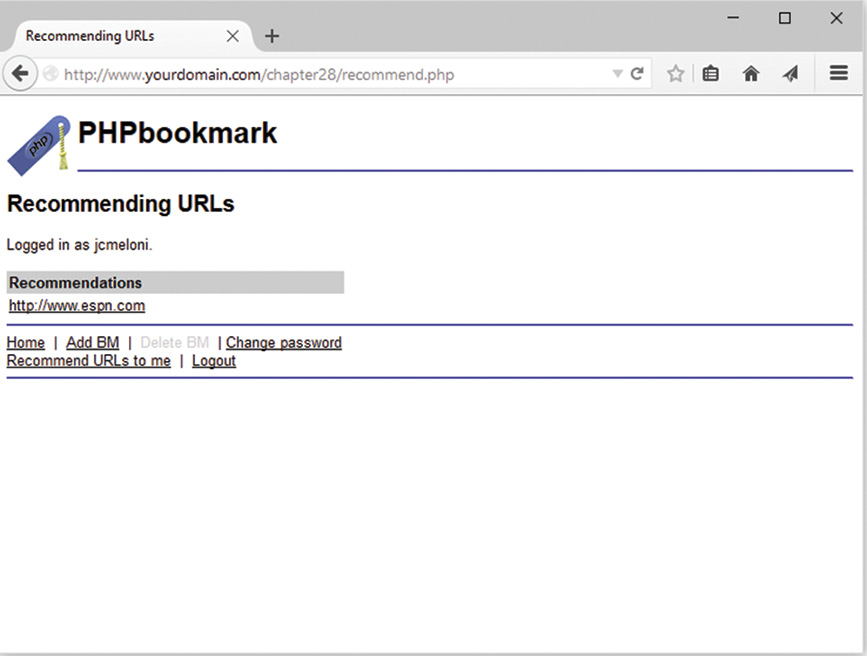 The PHP bookmark recommending URLs window is displayed. The following options are also shown: Home, add BM, delete BM, change password, recommend URLs to me, and logout.