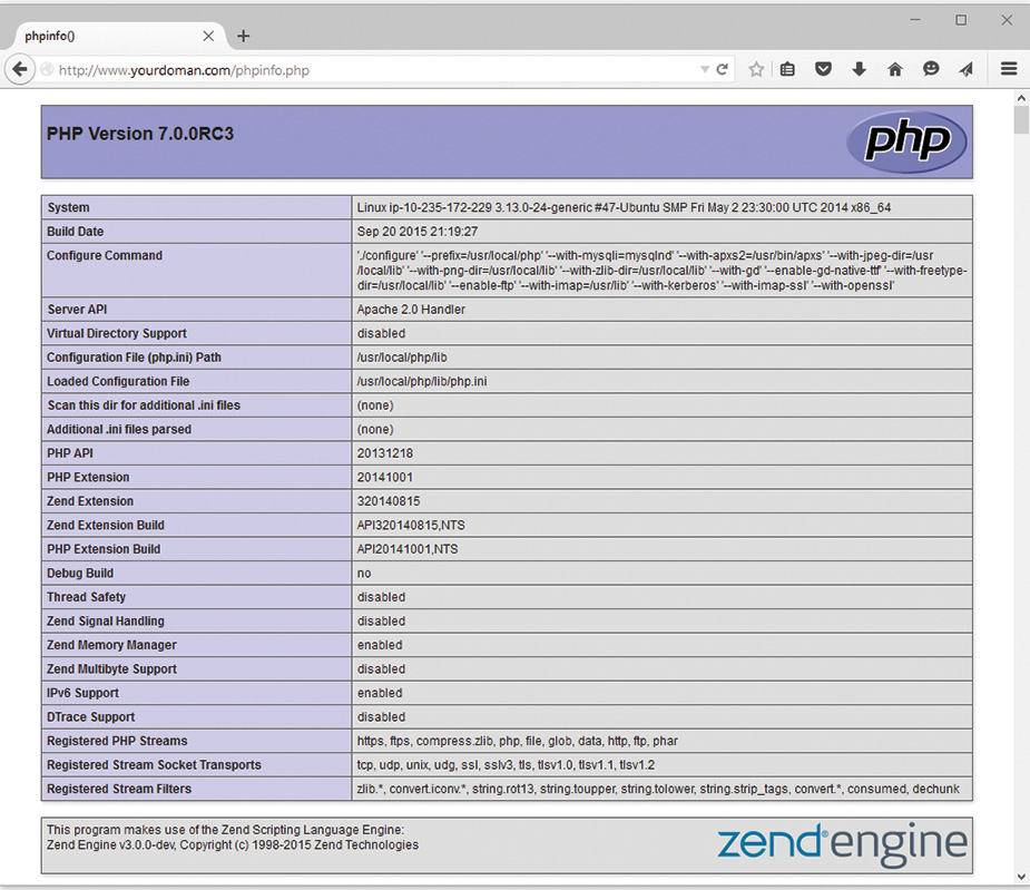 Screenshot lists the configuration information of PHP version 7.0.0 RC.