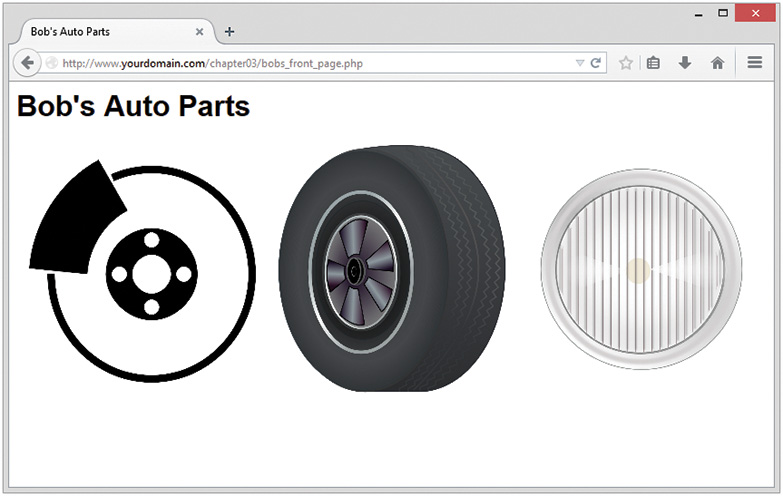 Screenshot of Bob's auto parts web page. Pictures of a wheel, tyre assembly, and a wheel cover are displayed.