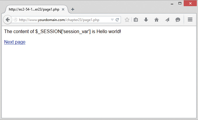 Screenshot shows an output of a script that reads The content of $_SESSION['session_ var'] is Hello world!