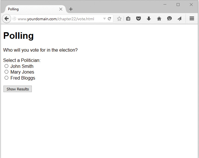 Screenshot shows a window titled Polling. A question that reads Who will you vote for in the election with three names along with Show results radio button is displayed.