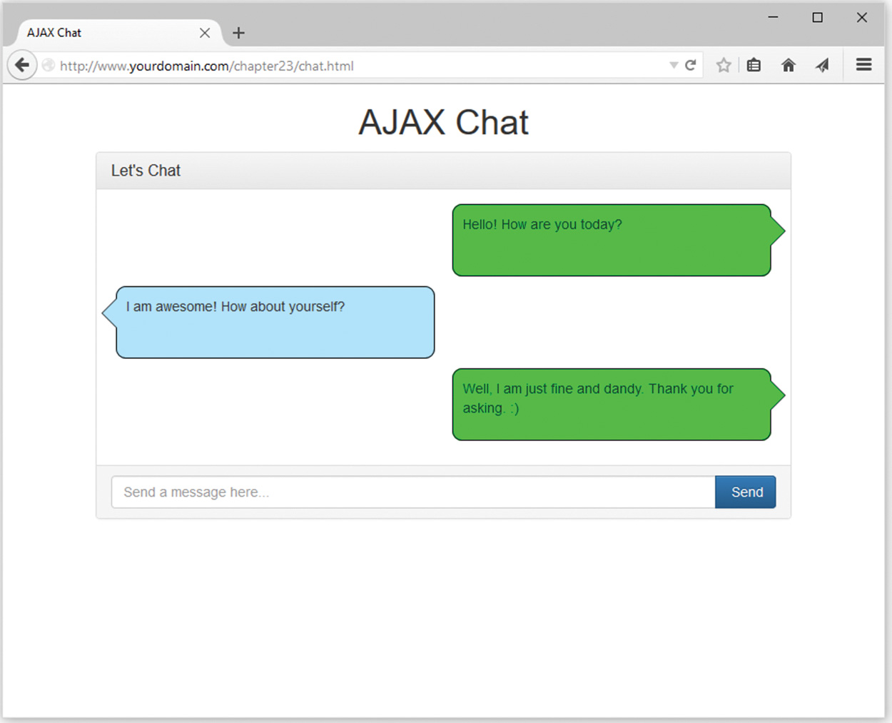 Screenshot shows the Ajax chat window. A live chat with send button is displayed.