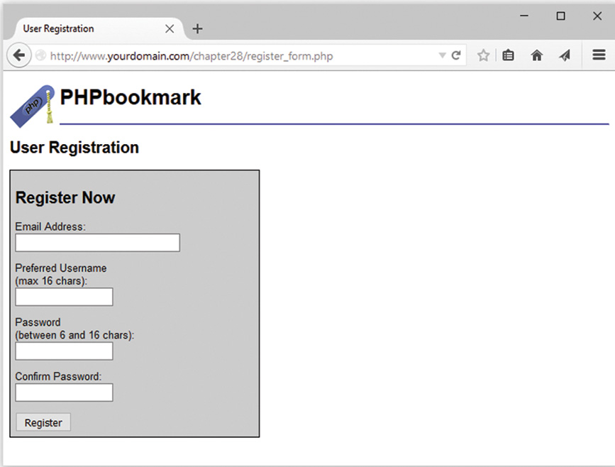 The PHP bookmark user registration window is displayed.