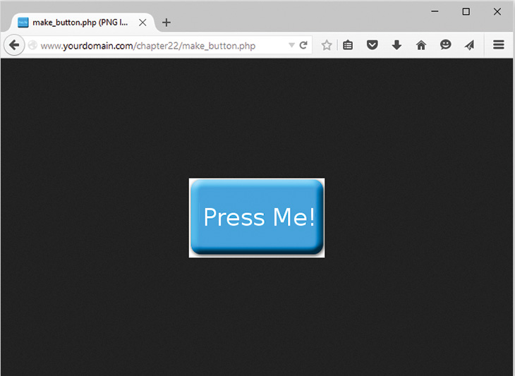 Screenshot of make_button php window. The window shows a blue colored button, Press Me! on a black background.