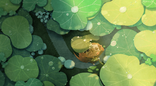 cached/dharmx_walls/anime/a_cartoon_character_in_a_pond_surrounded_by_leaves.png