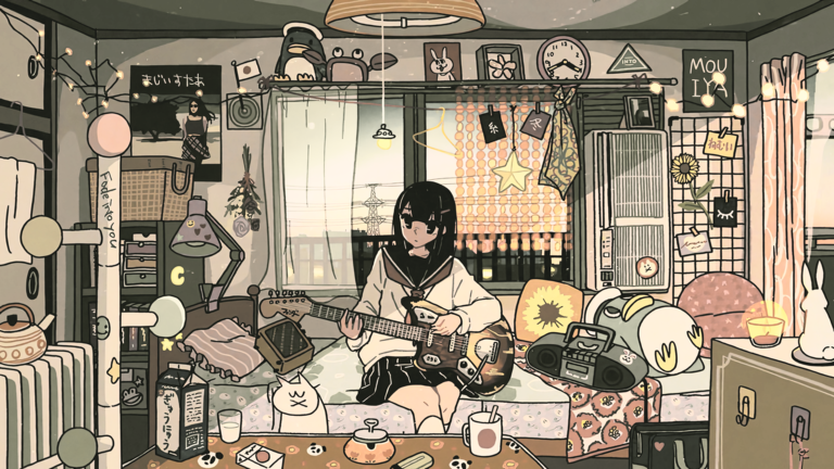 cached/dharmx_walls/anime/a_cartoon_of_a_girl_playing_a_guitar_in_a_room_with_many_objects.png