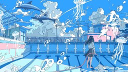 cached/dharmx_walls/anime/a_cartoon_of_a_woman_holding_a_hose_with_a_hose_in_front_of_a_swimming_pool.jpg