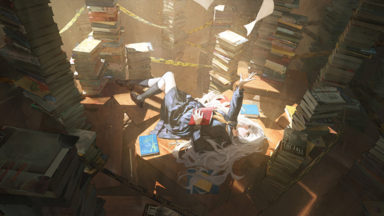 cached/dharmx_walls/anime/a_cartoon_of_a_woman_lying_on_a_pile_of_books.png