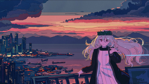 cached/dharmx_walls/anime/a_cartoon_of_a_woman_standing_on_a_railing_overlooking_a_body_of_water.jpg