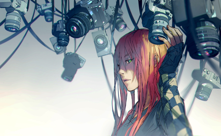 cached/dharmx_walls/anime/a_cartoon_of_a_woman_with_pink_hair_and_many_cameras.jpg