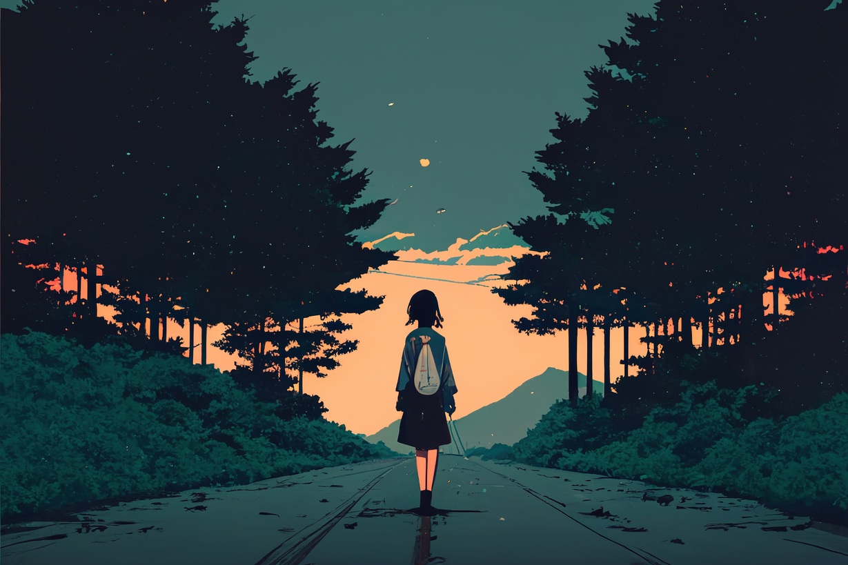 cached/dharmx_walls/anime/a_girl_standing_on_a_road_with_trees_and_mountains_in_the_background.jpg