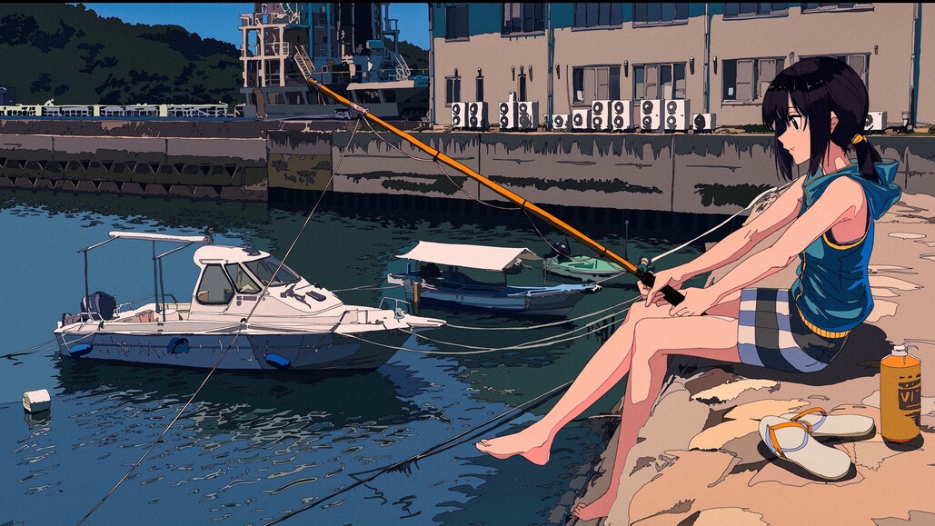 cached/dharmx_walls/anime/a_group_of_people_sitting_on_a_rock_by_a_body_of_water.jpg