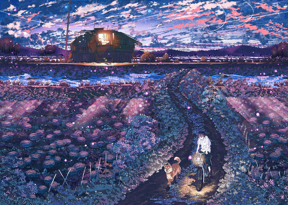 cached/dharmx_walls/anime/a_man_and_dog_riding_bikes_in_a_field_with_a_house_in_the_background.jpg