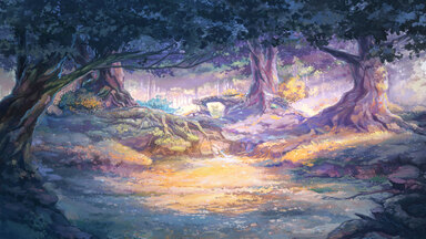 cached/dharmx_walls/anime/a_painting_of_a_forest_with_trees_and_a_path.jpg