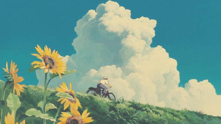 cached/dharmx_walls/anime/a_person_riding_a_bicycle_on_a_hill_with_sunflowers.jpeg