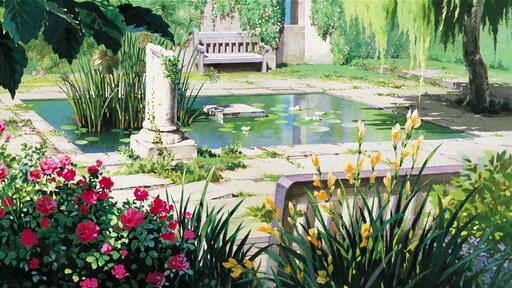 cached/dharmx_walls/anime/a_pond_with_flowers_and_a_bench_in_the_middle.jpg
