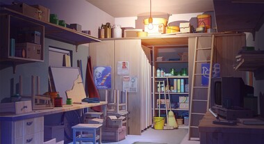 cached/dharmx_walls/anime/a_room_with_shelves_and_shelves_and_a_light.jpg