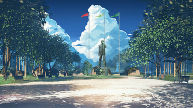 cached/dharmx_walls/anime/a_statue_of_a_man_in_a_park_with_flags.jpg