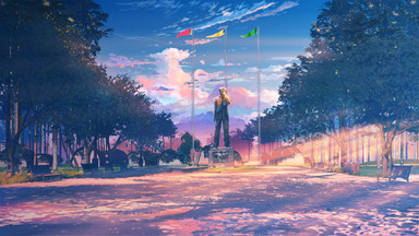 cached/dharmx_walls/anime/a_statue_of_a_man_standing_on_a_pedestal_in_front_of_a_row_of_flags.jpg