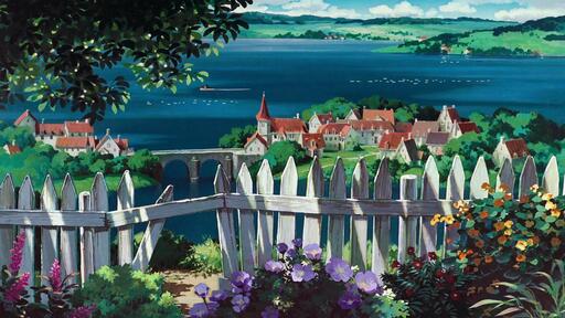cached/dharmx_walls/anime/a_white_picket_fence_with_flowers_and_a_bridge_over_water.jpg