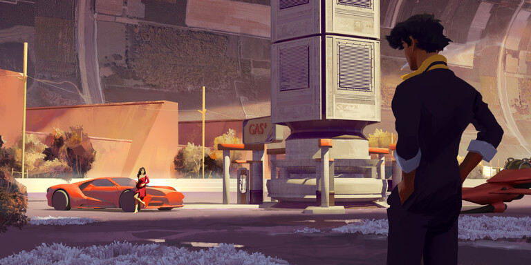 cached/dharmx_walls/anime/a_woman_in_a_red_dress_sitting_in_front_of_a_gas_station.jpg