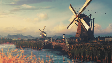 cached/dharmx_walls/anime/a_woman_standing_on_a_bridge_over_a_bridge_with_windmills_in_the_background.png