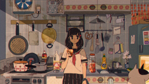 cached/dharmx_walls/chillop/a_cartoon_of_a_girl_holding_a_glass_in_a_kitchen.png